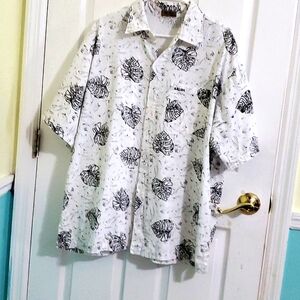 Natural Collection Aruba White Botanical Tropical Cotton Button Up Shirt XXL